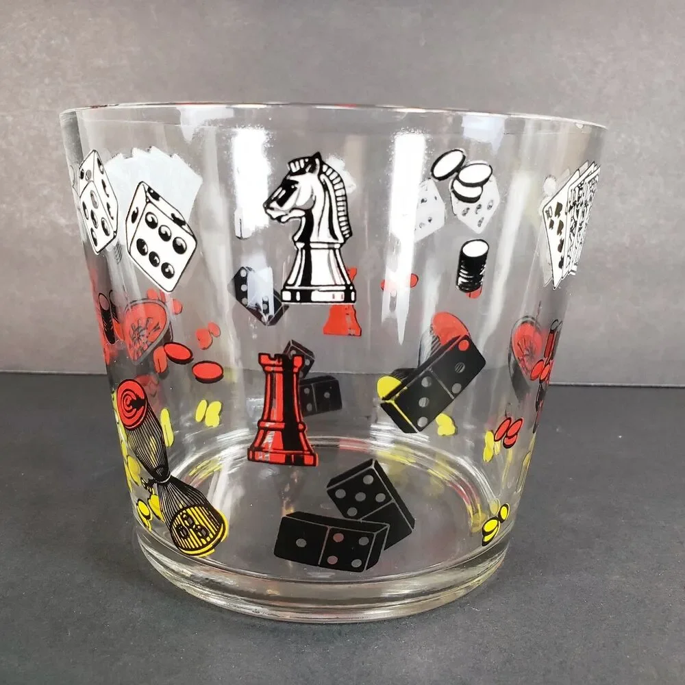 Vtg Clear Glass Ice Bucket Poker Chess Gambling Casino Theme Barware MCM